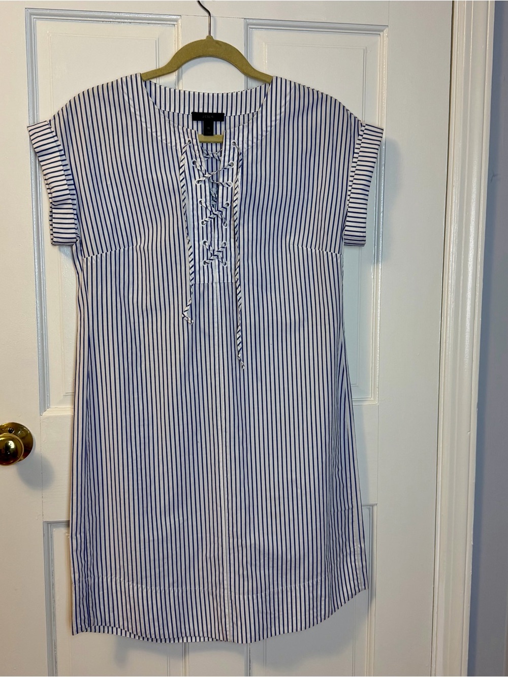 J Crew Women’s Blue & White Pinstripe Lace-Up V-Neck Mini Shirt Dress, XS